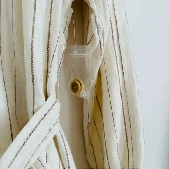 New free people Melia Mac Coat long sleeve boho linen blend plaid ecru striped - Picture 8 of 11